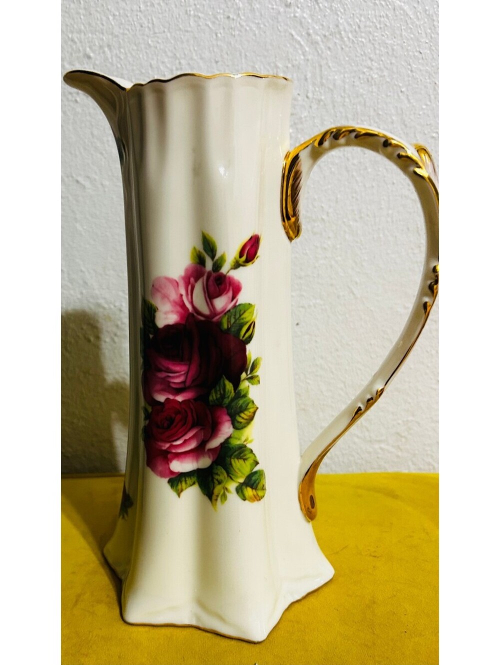 Vintage Cracker Barrel White Porcelain Rose water Pitcher Gold Trim Handle